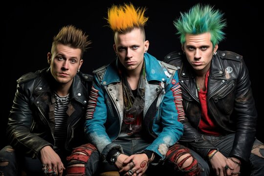 Retro Punker aus den 80er Jahren. Bunte Haare und coole Typen einer Punkband. 