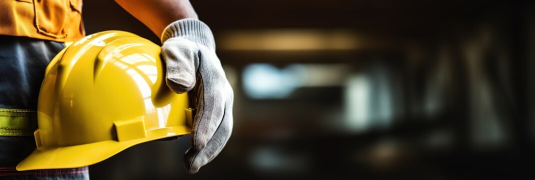 Breiter Banner zeigt einen gelben Helm von einem Arbeiter auf der Baustelle mit Sicherheitshandschuhen. Bauleiter und Arbeitssicherheit. Bauleiter h&auml;lt Sicherheitshelm mit Platz f&uuml;r Text.