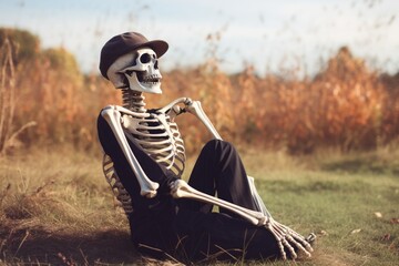 portrait of a skeleton outside on a background of grass