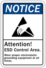 Electrostatic warning sign and label ESD control area. Wear proper electrostatic grounding equipment