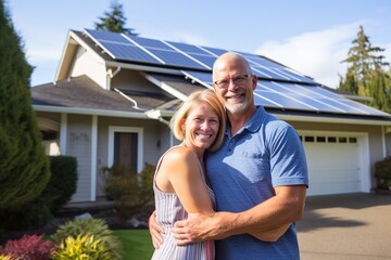 Couple in front of their new house with solar system on the roof