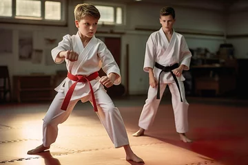 Fotobehang Karate, taekwondo child. Sport, movement, childhood concept. © Oleksandr Kozak