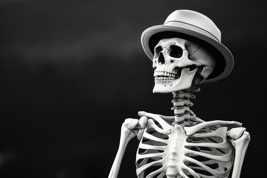 Portrait of a skeleton in a hat on a black background