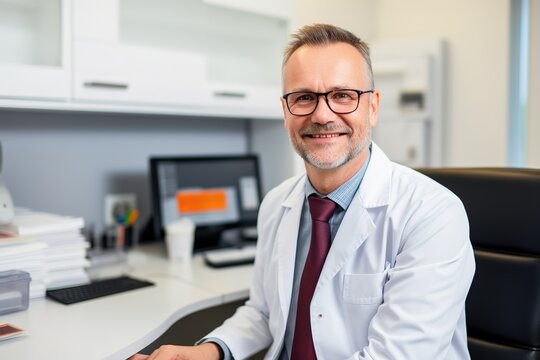 Hausarzt im Arztkittel zum Gespr&auml;ch mit Patienten. Freundlicher Arzt in Arztkleidung. Doktor im Krankenhaus zur Besprechung oder Visite.