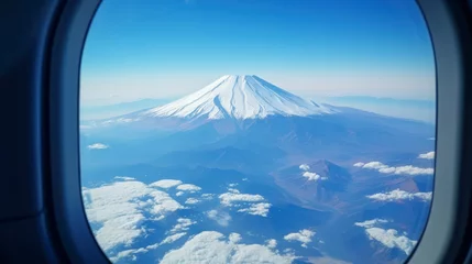 Papier Peint photo Mont Fuji Fuji mountain view looking from airplane window, Snow covered in Autumn and Spring Season