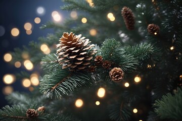Obraz na płótnie Canvas Closeup of Green Christmas-tree, pine cone and ball decorations.