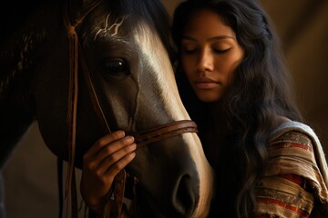 Indigene Frau ist vereint mit Ihrem Pferd. Indianerin hält liebevoll den Pferdekopf und ist im Einklang mit Seele, Geist und Körper.  - obrazy, fototapety, plakaty