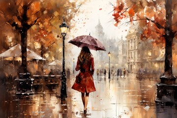 a woman under an umbrella view from the back walks in the autumn city in the rain acrylic painting illustration - obrazy, fototapety, plakaty