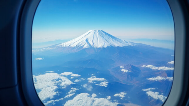 Fuji mountain view looking from airplane window, Snow covered in Autumn and Spring Season