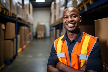 Portrait of a black warehouse worker and storekeeper. In the background, a large goods storage warehouse.   - obrazy, fototapety, plakaty