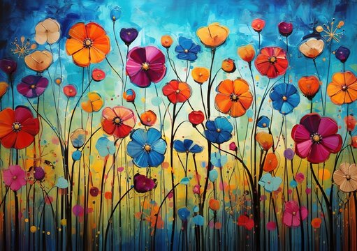 Gemalte Blumenwiese als Hintergrundbild oder Wandbild als Kunstdruck mit Wasserfarben.
