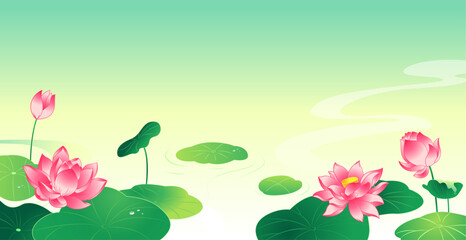 Vector illustration of lotus flowers and leaves lake
