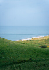 Tranquil Coastal Landscape with Green Grass and Calm Ocean

