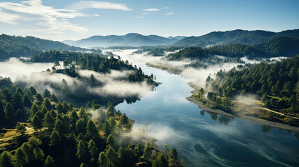 Obraz premium Generative AI, foggy calm lake surrounded by a pine forest, trees around the reservoir, northern nature, fog over the river, majestic nature, peaceful landscape, harmonious landscape