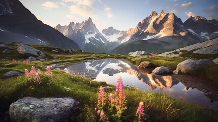 Serene Valley Landscape with Stream and Green Meadows Surrounded by Mountains