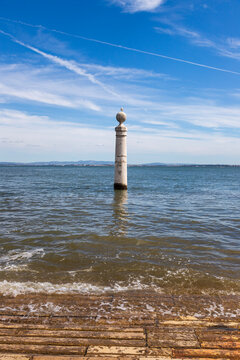 Photo of a seagull on a column in the water 