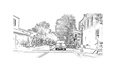 Building view with landmark of Roswell is the
city in New Mexico. Hand drawn sketch illustration in vector.