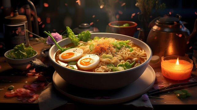 Ramen in bowl with egg japenese traditional food 