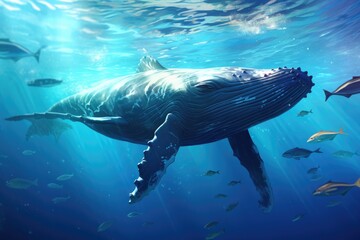 Fototapeta premium A Humpback Whale Plays Near the Surface in Blue Water, AI Generated