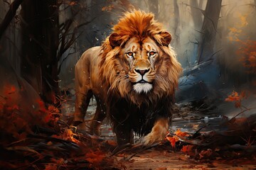 beautiful painted lion in the autumn forest