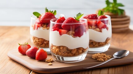 Solid breakfast of strawberry parfaits made with new natural product yogurt and granola over a provincial white table Shallow profundity of field with particular center on glass bump in front Obscured - obrazy, fototapety, plakaty