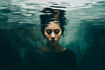 Calm woman thinking underwater. Abstract representation of internal struggles. Mental health concept - obrazy, fototapety, plakaty