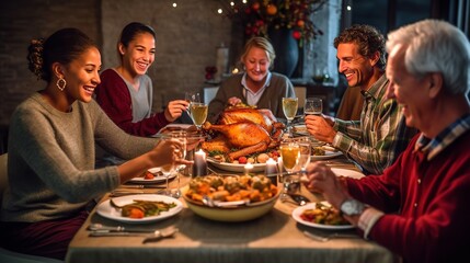 Fototapeta na wymiar Joyful Family Gathering Around the Thanksgiving Dinner Table