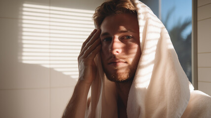 Self-portrait of a healthy serene man relaxing in a bathrobe and spa towel after taking a bath. Cosmetic treatments, relaxation and full body care procedures.