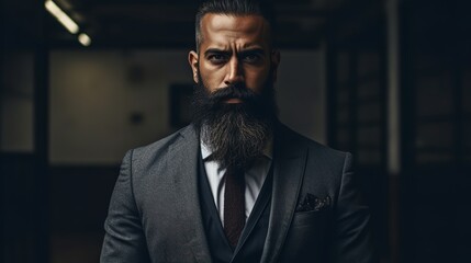  Strikingly Attractive Young Man with Dark, Well-Groomed Beard in a Three-Piece Suit and Moody Expression