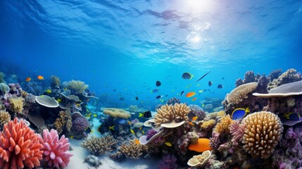 Submerged coral reef scene super wide standard foundation within the profound blue sea with colorful angle and marine life