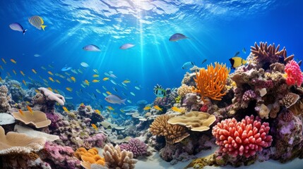 Naklejka na ściany i meble Submerged coral reef scene super wide standard foundation within the profound blue sea with colorful angle and marine life