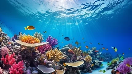 Zelfklevend Fotobehang Submerged coral reef scene super wide standard foundation within the profound blue sea with colorful angle and marine life © Roma