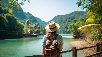 Traveling lady with rucksack and straw cap looking at tropical waterway at sunny day