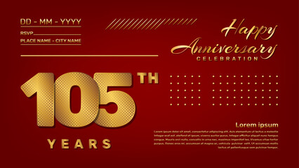 Vector template with golden pattern number style isolated on red background, modern and luxury template design for 105th anniversary celebration event