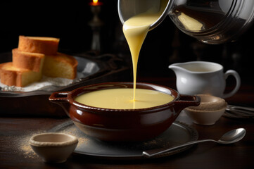 Vanilla custard sauce pouring in a bowl, with sliced chiffon cake on background.