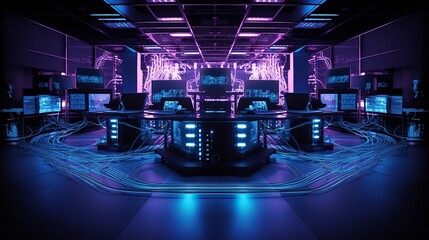 Futuristic Computer Room Illuminated by Artificial Purple-Blue Light with Cables Scattered
