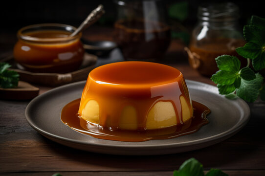 Caramel custard pudding with sauce on a plate. Horizontal, close-up, side view.