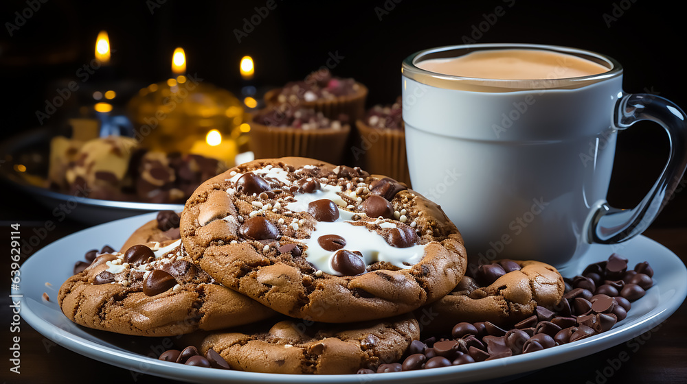 Sticker A steaming cup of hot chocolate with marshmallows, next to a plate of freshly baked chocolate chip cookies.