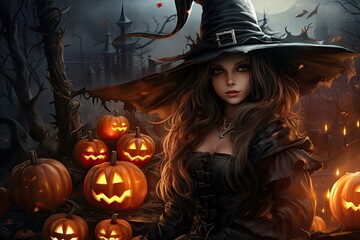 painted witch girl in a black hat and dress on the background of pumpkins