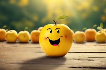 yellow apple with a painted smiley face, outside standing on a wooden table