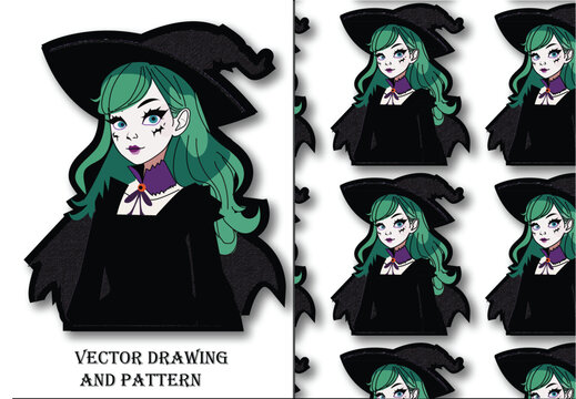 Halloween witch. 2d vector art. Sticker vector with pattern.
