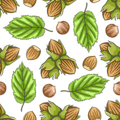 Hand drawn seamless pattern with hazelnuts.