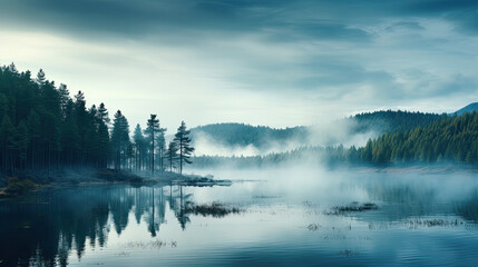 Obraz na płótnie Canvas Generative AI, foggy calm lake surrounded by a pine forest, trees around the reservoir, northern nature, fog over the river, majestic nature, peaceful landscape, harmonious landscape