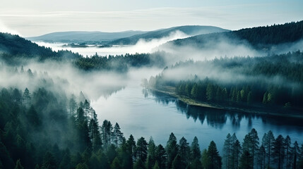 Fototapeta premium Generative AI, foggy calm lake surrounded by a pine forest, trees around the reservoir, northern nature, fog over the river, majestic nature, peaceful landscape, harmonious landscape