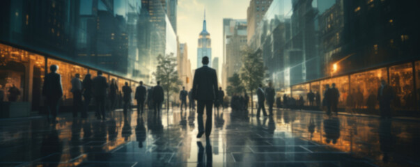 Naklejka premium Blurred business people on the background of city streets and skyscrapers, generative ai