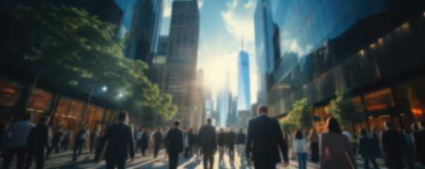 Obraz premium Blurred business people on the background of city streets and skyscrapers, generative ai