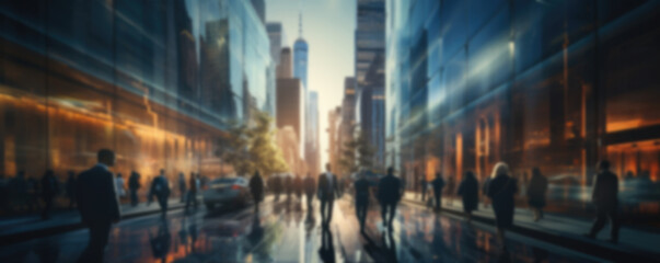 Fototapeta premium Blurred business people on the background of city streets and skyscrapers, generative ai
