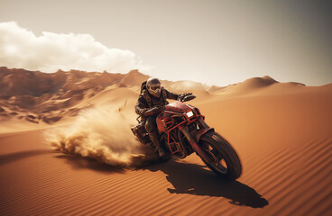 Fototapeta na wymiar Extreme post-apocalyptic cyberpunk prototype motorcycle Rider riding on sand track, desert in the background. 