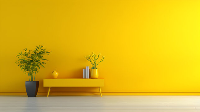 Luxury Yellow Room Interior: Modern Living Space with Wooden Floor and Vibrant Yellow Background