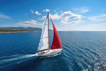 Obraz premium aerial view of beautiful yacht in blue sea, AI Generated